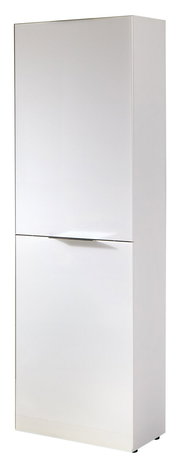 Weißer Stauraumschrank mit zwei Türen, frontale Perspektive