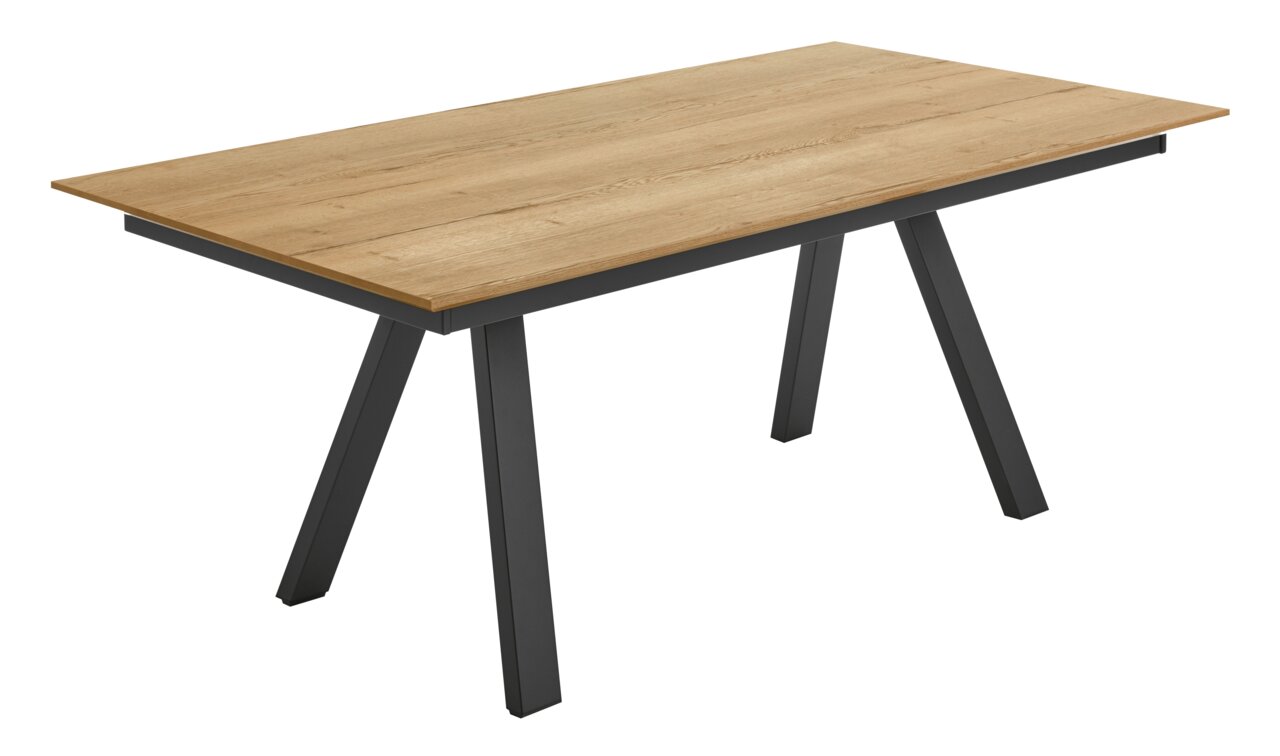 Moderner Esstisch mit Holzplatte und schwarzen Metallbeinen, seitliche Perspektive