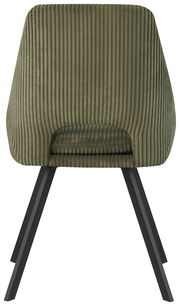 Rückansicht eines grünen, gerippten Stuhls mit schwarzen Metallbeinen.