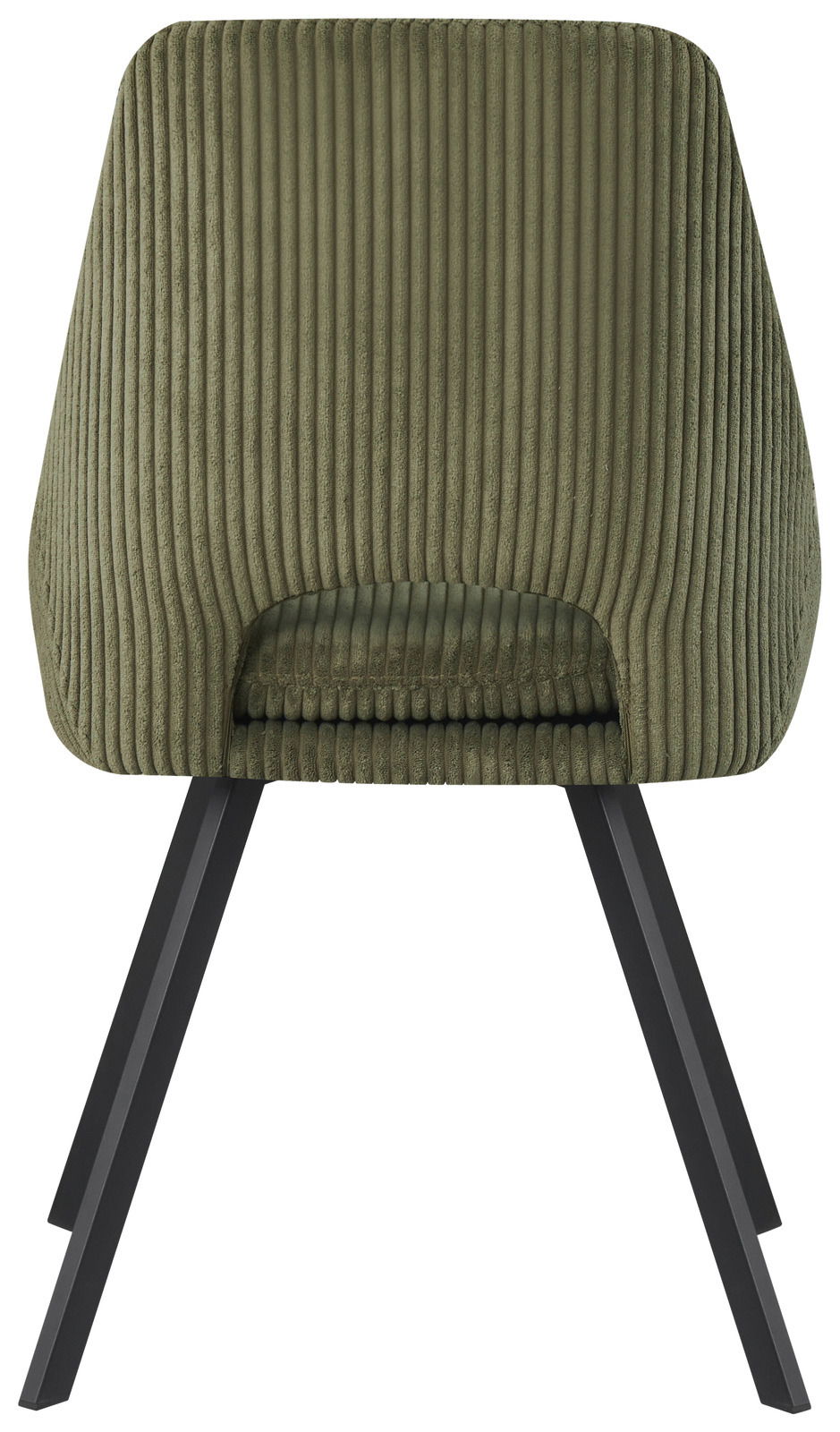 Rückansicht eines grünen, gerippten Stuhls mit schwarzen Metallbeinen.
