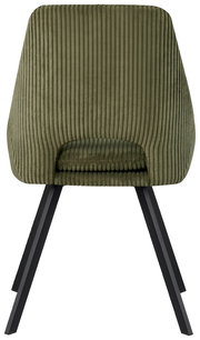 Rückansicht eines grünen, gerippten Stuhls mit schwarzen Metallbeinen.