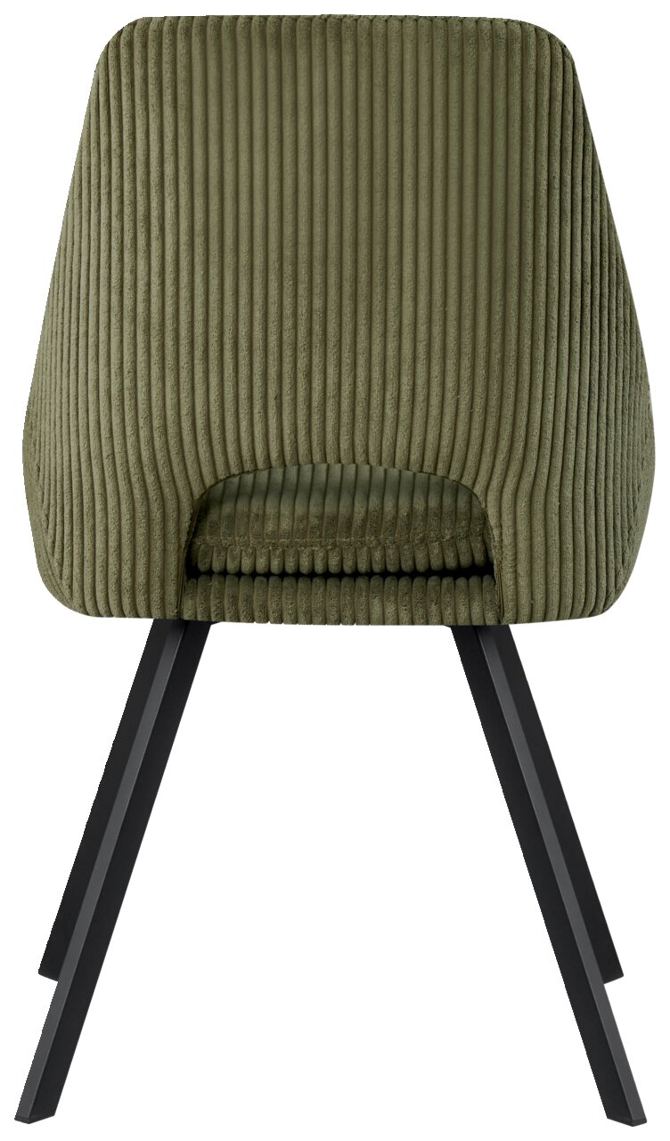 Rückansicht eines grünen, gerippten Stuhls mit schwarzen Metallbeinen.