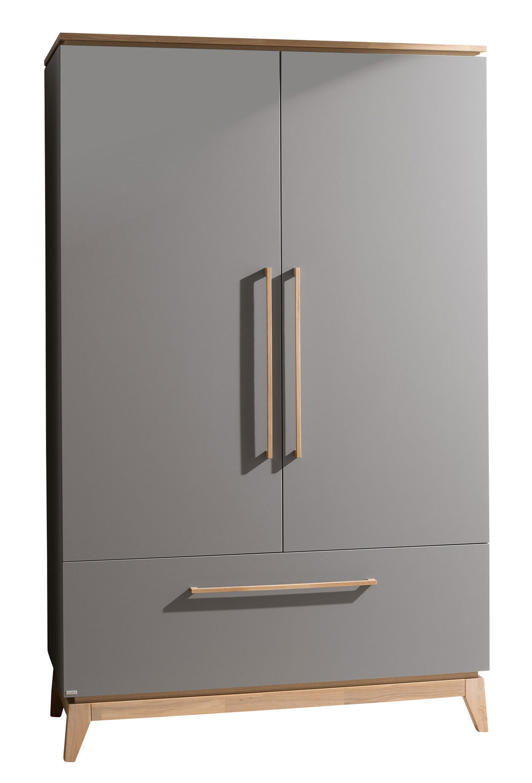 Moderner grauer Drehtürenschrank mit Holzgriffen und -füßen, Frontalansicht