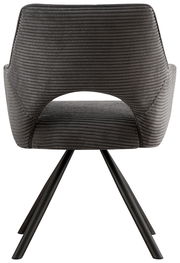 Rückansicht eines modernen Armlehnstuhls mit grauem, geripptem Stoffbezug und schwarzen Metallbeinen.