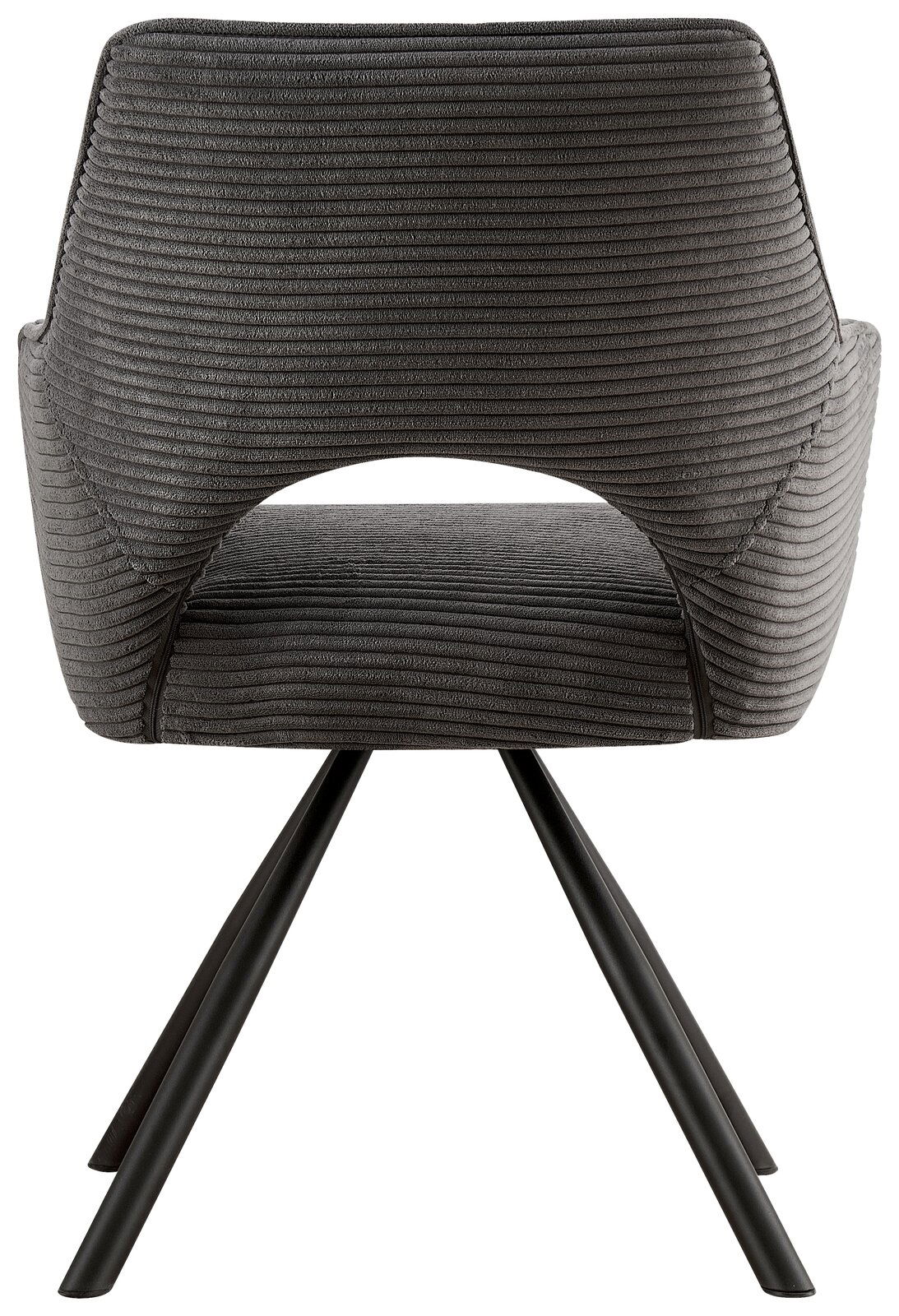 Rückansicht eines modernen Armlehnstuhls mit grauem, geripptem Stoffbezug und schwarzen Metallbeinen.