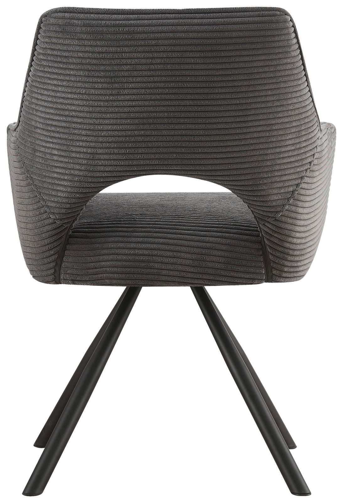 Rückansicht eines modernen Armlehnstuhls mit grauem, geripptem Stoffbezug und schwarzen Metallbeinen.
