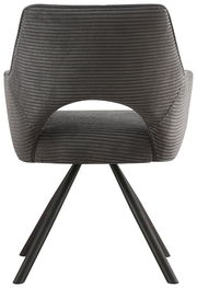 Rückansicht eines modernen Armlehnstuhls mit grauem, geripptem Stoffbezug und schwarzen Metallbeinen.