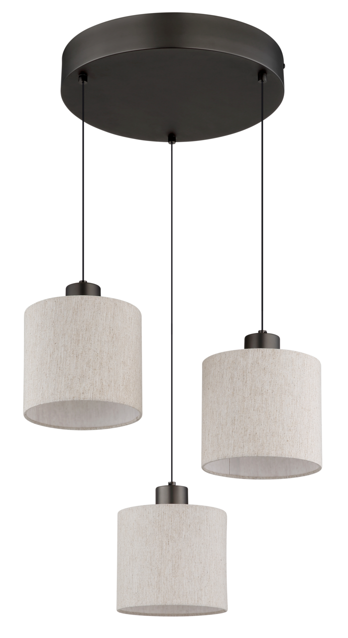 Dreiflammige Hängeleuchte mit runden, beigen Stoffschirmen und schwarzer Deckenhalterung, Ansicht von unten.