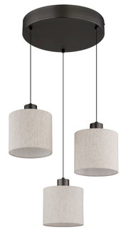 Dreiflammige Hängeleuchte mit runden, beigen Stoffschirmen und schwarzer Deckenhalterung, Ansicht von unten.