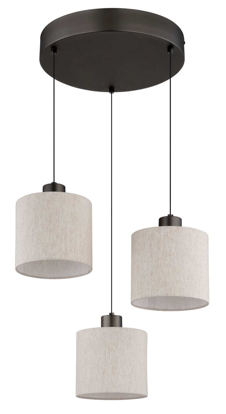 Hanglamp met drie lampen, ronde, beige stoffen kappen en een zwarte plafondbevestiging, gezien van onderaf.