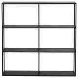 Schwarzes Wandregal mit drei Regalböden und sechs Fächern, frontale Ansicht