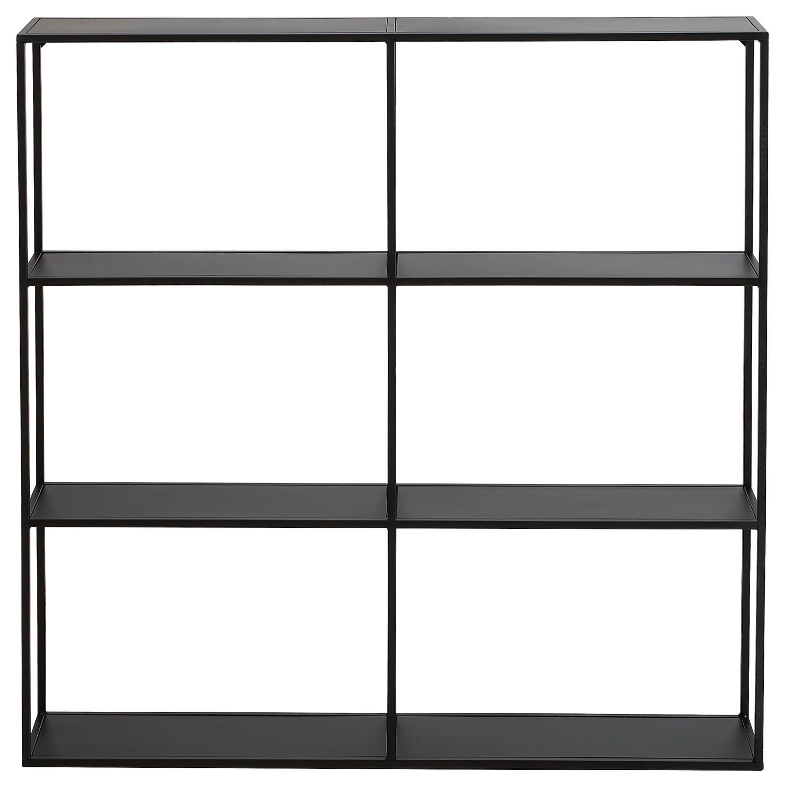 Schwarzes Wandregal mit drei Regalböden und sechs Fächern, frontale Ansicht