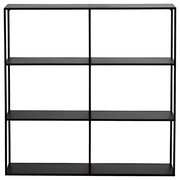 Schwarzes Wandregal mit drei Regalböden und sechs Fächern, frontale Ansicht