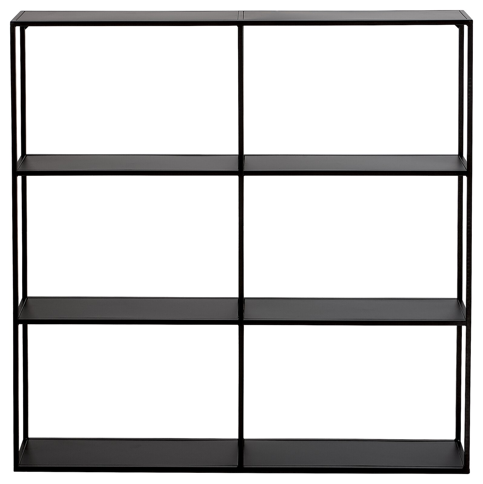 Schwarzes Wandregal mit drei Regalböden und sechs Fächern, frontale Ansicht
