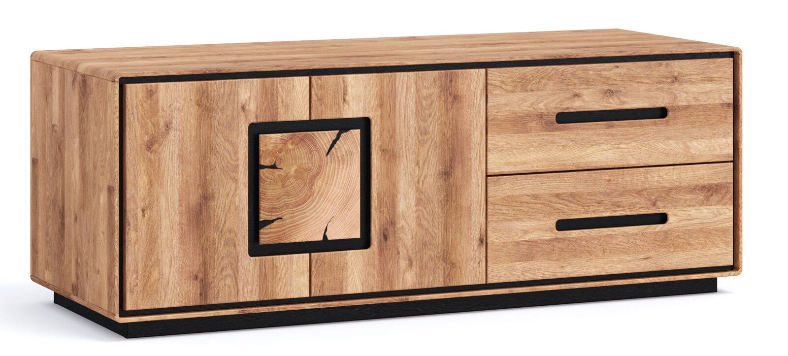 Landscape TV-Lowboard I BRIXEN Holz-Sideboard in Eiche-Optik mit schwarzem Sockel, zwei Schubladen rechts und zwei Türen links, dekorativem quadratischem Einsatz; freigestellt in schräger Vorderansicht von links