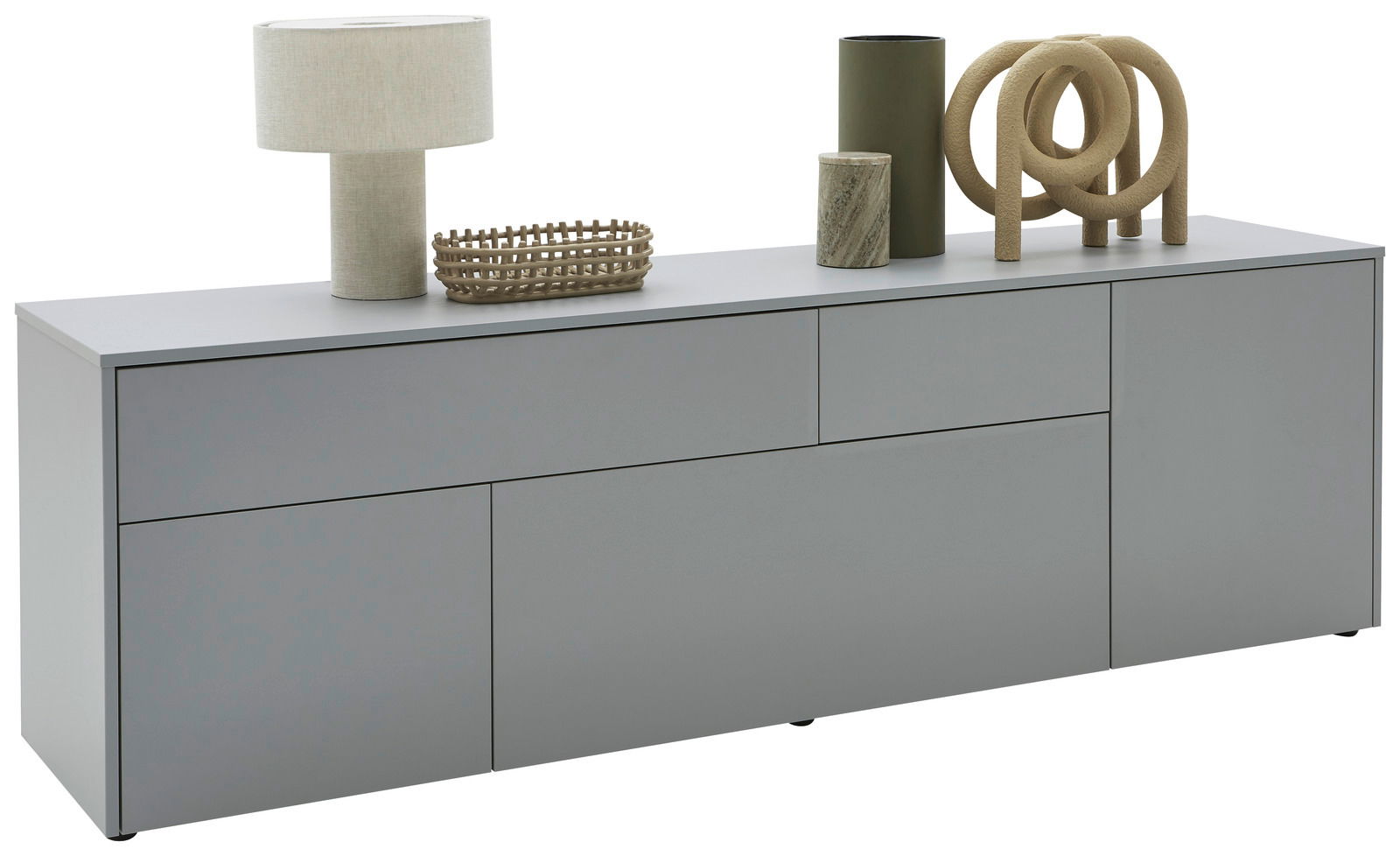 Voleo TV-Lowboard NAOMI Modernes graues TV-Lowboard mit Dekorationen aus der linken Perspektive