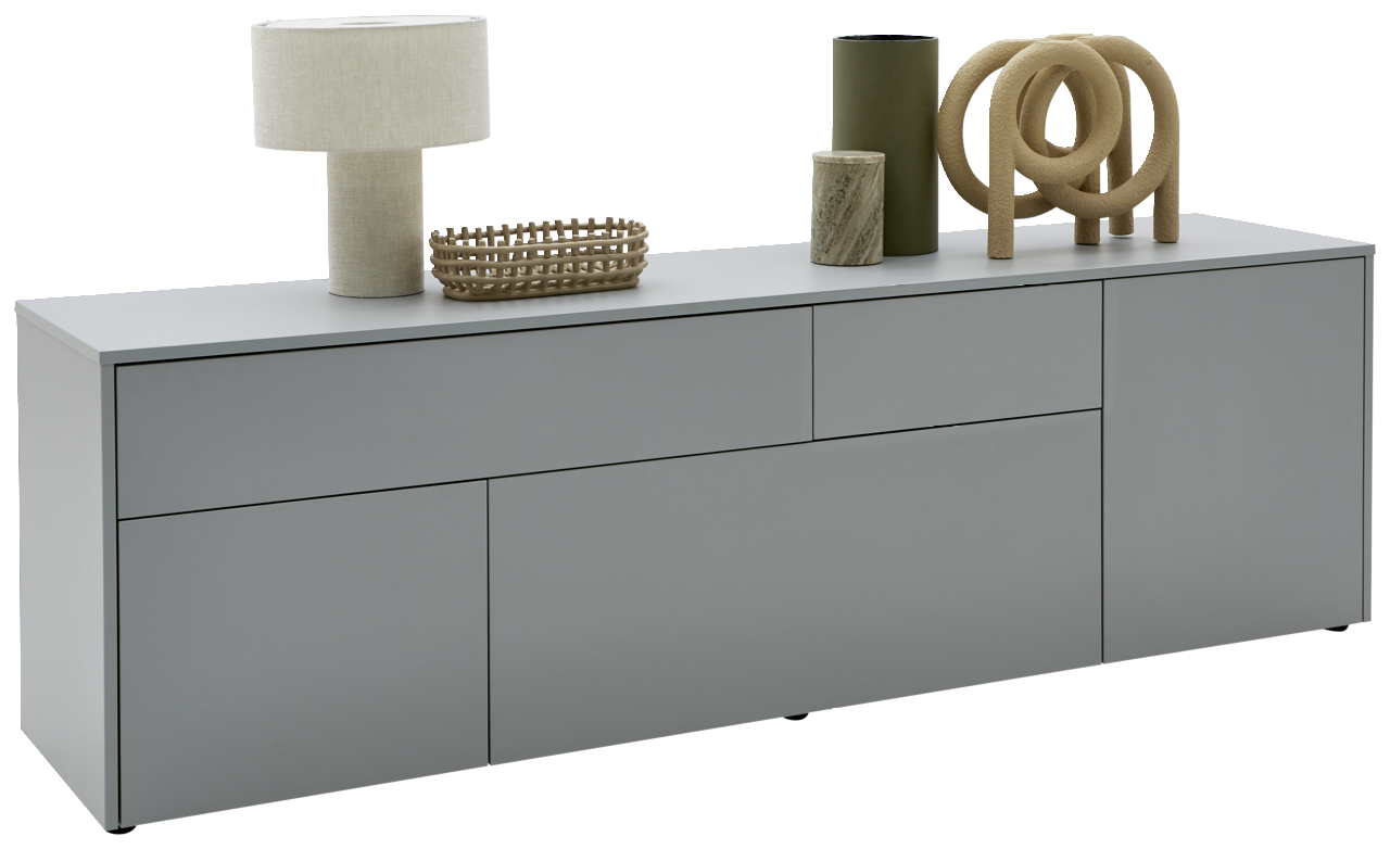 Voleo TV-Lowboard NAOMI Modernes graues TV-Lowboard mit Dekorationen aus der linken Perspektive