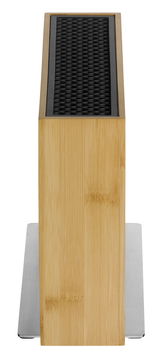 Frontansicht eines unbestückten Messerblocks aus Bambus mit schwarzem Einsatz.