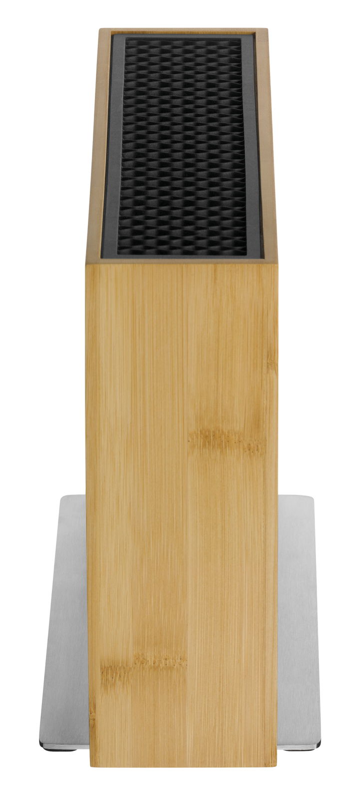 Frontansicht eines unbestückten Messerblocks aus Bambus mit schwarzem Einsatz.