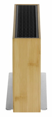 Frontansicht eines unbestückten Messerblocks aus Bambus mit schwarzem Einsatz.