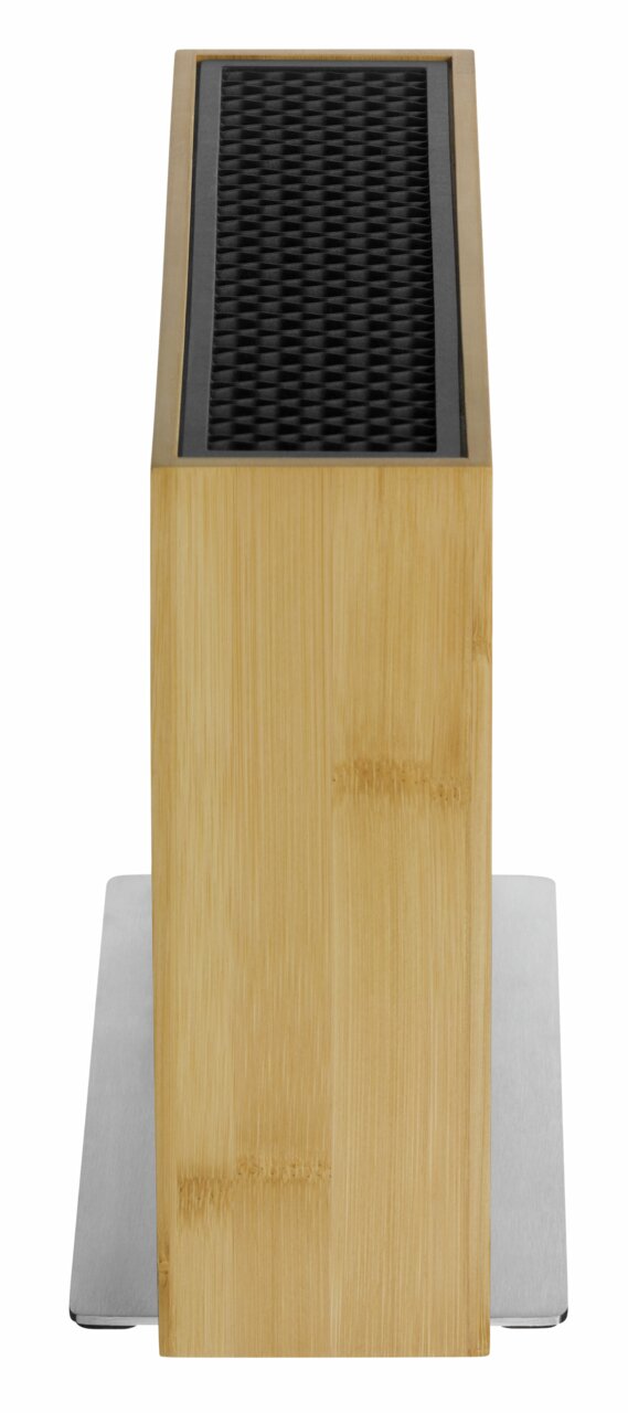 Frontansicht eines unbestückten Messerblocks aus Bambus mit schwarzem Einsatz.