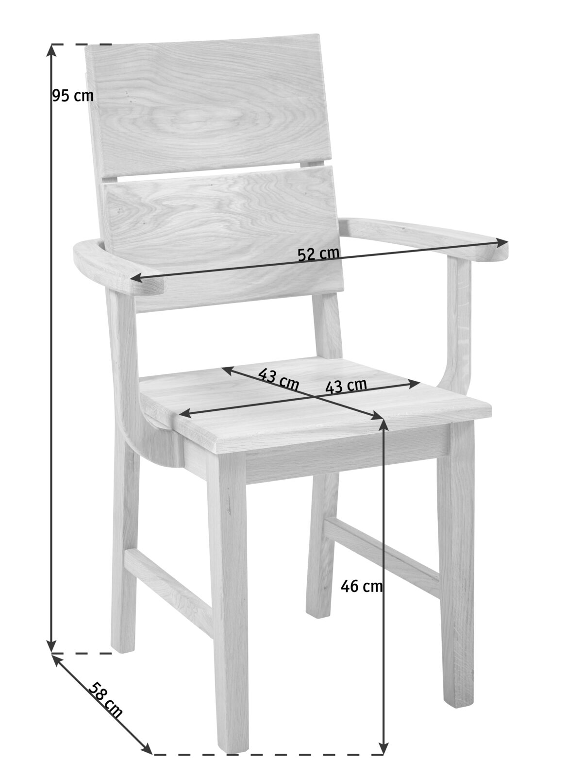 Moderne houten fauteuil met armleuningen, vooraanzicht, afmetingen: zitbreedte 43 cm, zitdiepte 43 cm, rugleuningbreedte 52 cm.