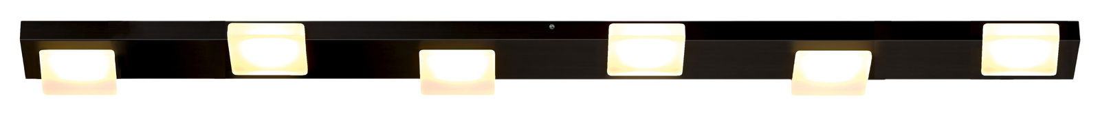 Moderne LED-Deckenleuchte mit fünf leuchtenden Quadraten, seitliche Perspektive