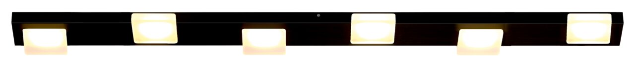 Moderne LED-Deckenleuchte mit fünf leuchtenden Quadraten, seitliche Perspektive