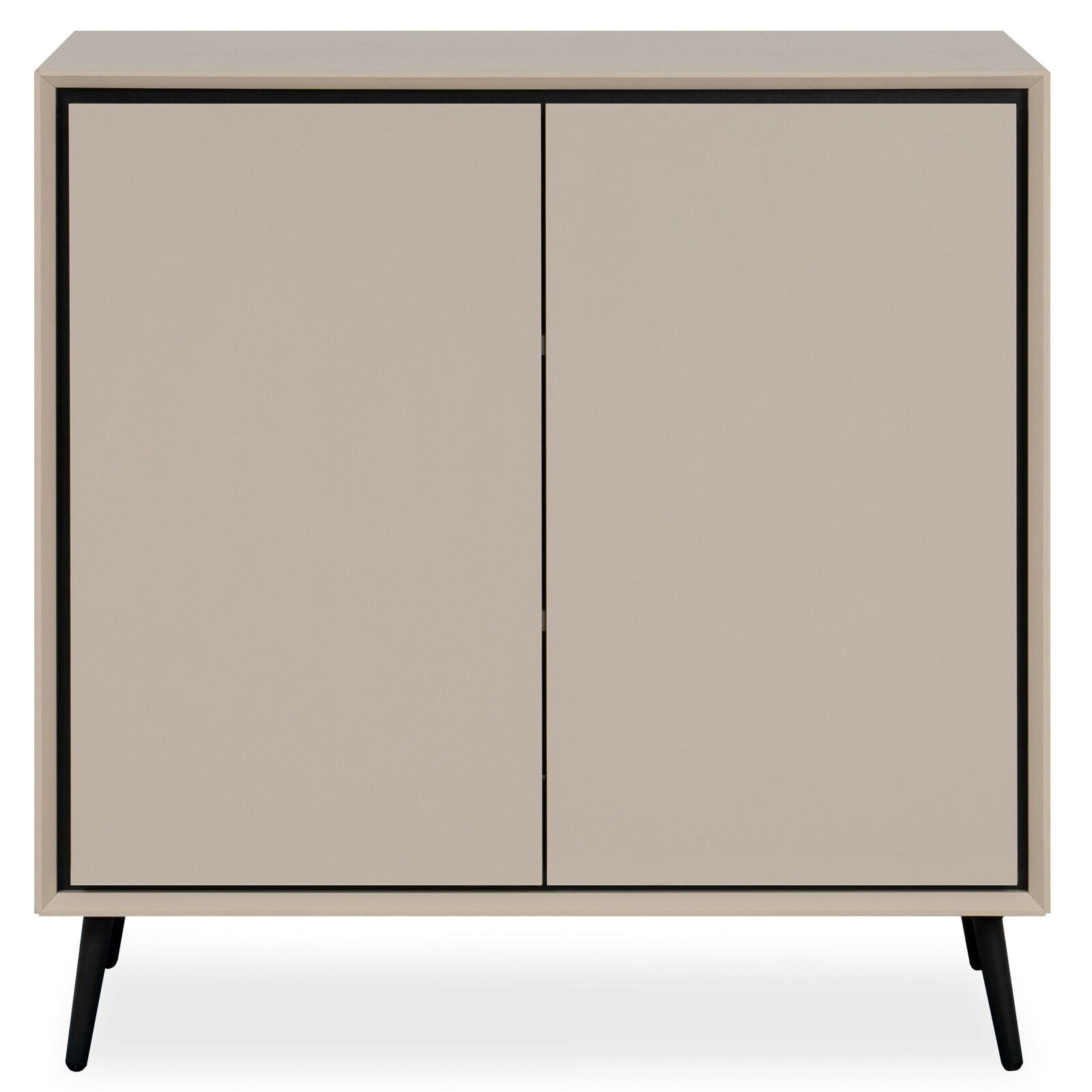 Modernes Sideboard in Beige mit zwei Türen, frontal abgebildet, auf schwarzen Beinen.