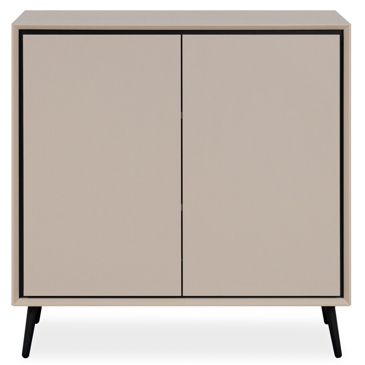 Modernes Sideboard in Beige mit zwei Türen, frontal abgebildet, auf schwarzen Beinen.