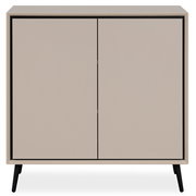 Modernes Sideboard in Beige mit zwei Türen, frontal abgebildet, auf schwarzen Beinen.