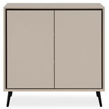Modernes Sideboard in Beige mit zwei Türen, frontal abgebildet, auf schwarzen Beinen.