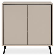 Modernes Sideboard in Beige mit zwei Türen, frontal abgebildet, auf schwarzen Beinen.