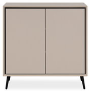Modernes Sideboard in Beige mit zwei Türen, frontal abgebildet, auf schwarzen Beinen.