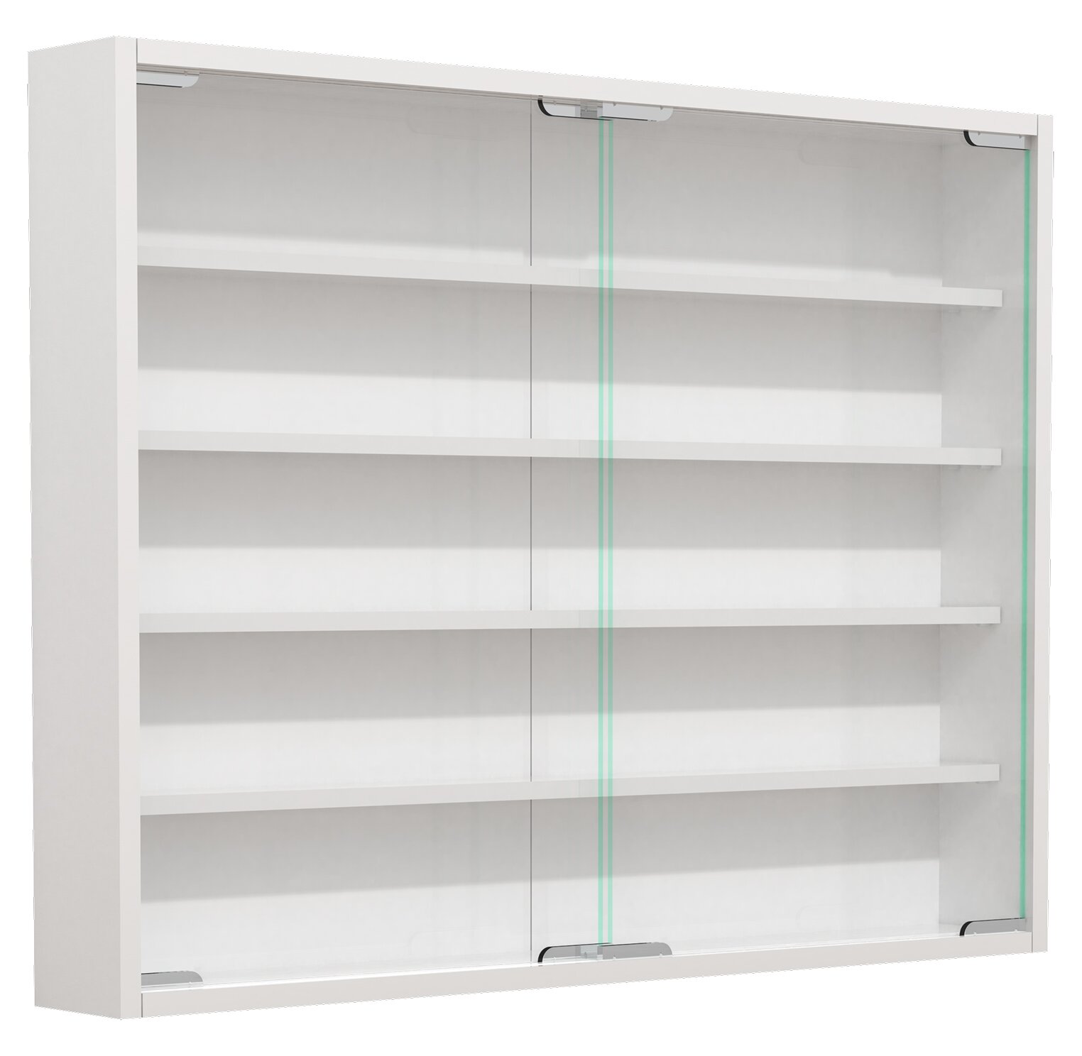 VCM Wandvitrine AGISA Weißer Wandvitrinenschrank mit Glas-Schiebetüren und mehreren Ablageböden, schräg von vorne in leichter Seitenansicht fotografiert.