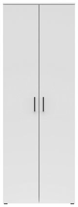 Frontansicht eines weißen Mehrzweckschranks mit zwei Türen und schwarzen Griffen.