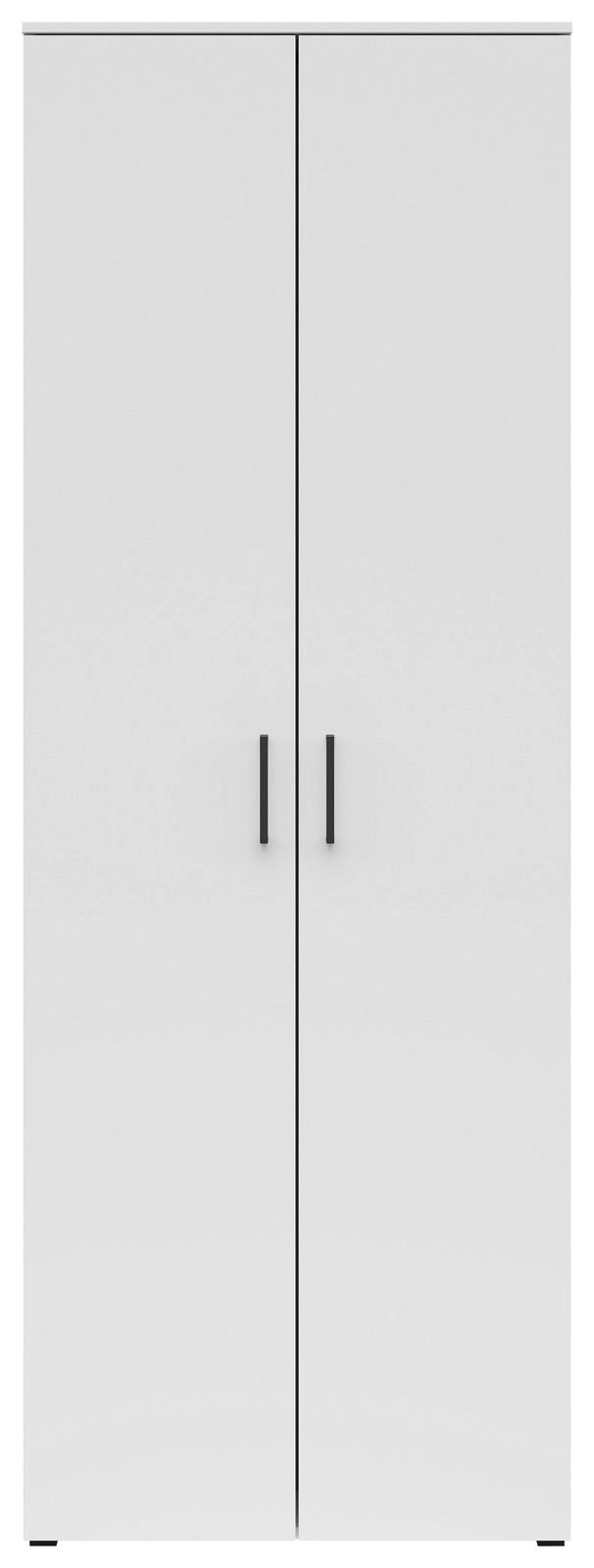 Frontansicht eines weißen Mehrzweckschranks mit zwei Türen und schwarzen Griffen.