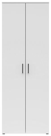 Frontansicht eines weißen Mehrzweckschranks mit zwei Türen und schwarzen Griffen.