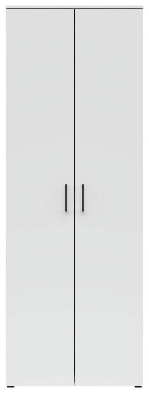 Frontansicht eines weißen Mehrzweckschranks mit zwei Türen und schwarzen Griffen.