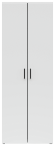 Frontansicht eines weißen Mehrzweckschranks mit zwei Türen und schwarzen Griffen.