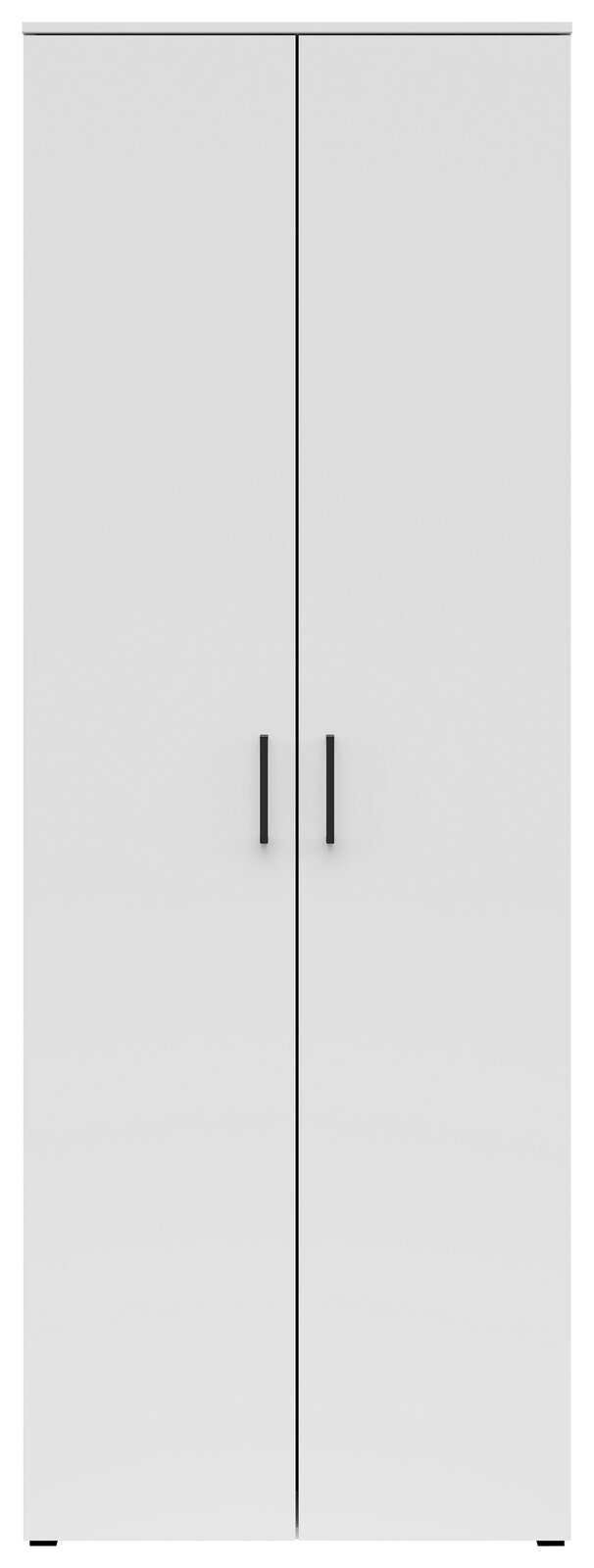 Frontansicht eines weißen Mehrzweckschranks mit zwei Türen und schwarzen Griffen.