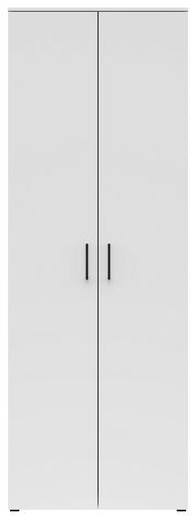 Frontansicht eines weißen Mehrzweckschranks mit zwei Türen und schwarzen Griffen.