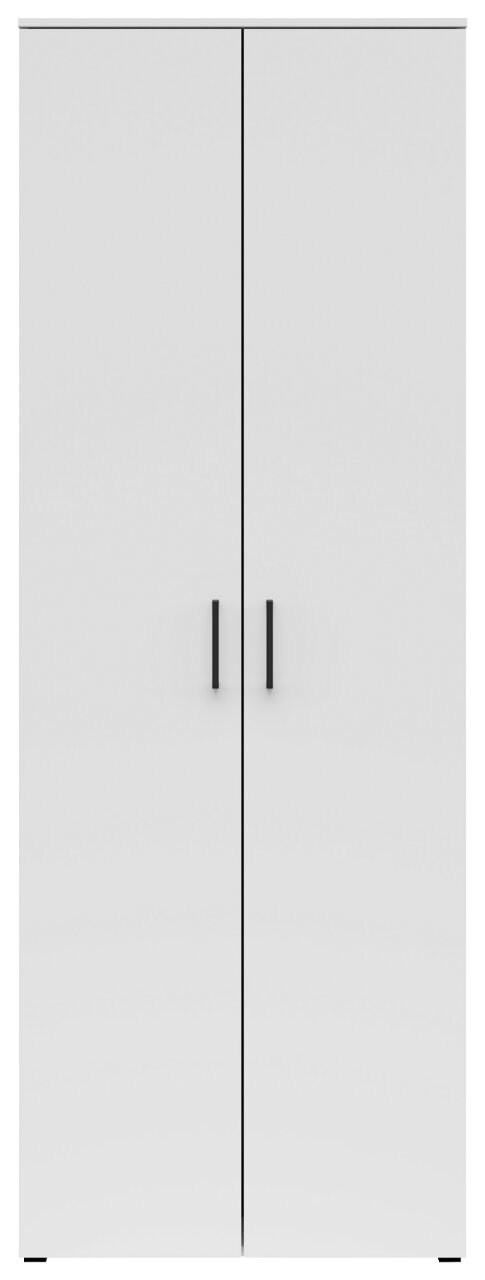 Frontansicht eines weißen Mehrzweckschranks mit zwei Türen und schwarzen Griffen.