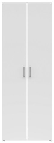 Frontansicht eines weißen Mehrzweckschranks mit zwei Türen und schwarzen Griffen.