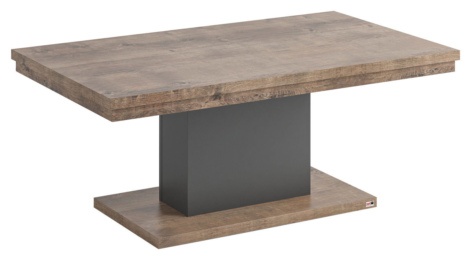 Set one by Musterring Couchtisch SET ONE LANCASTER Moderner Couchtisch aus Holz mit rechteckiger Tischplatte und zentralem schwarzen Sockel, seitliche Perspektive.