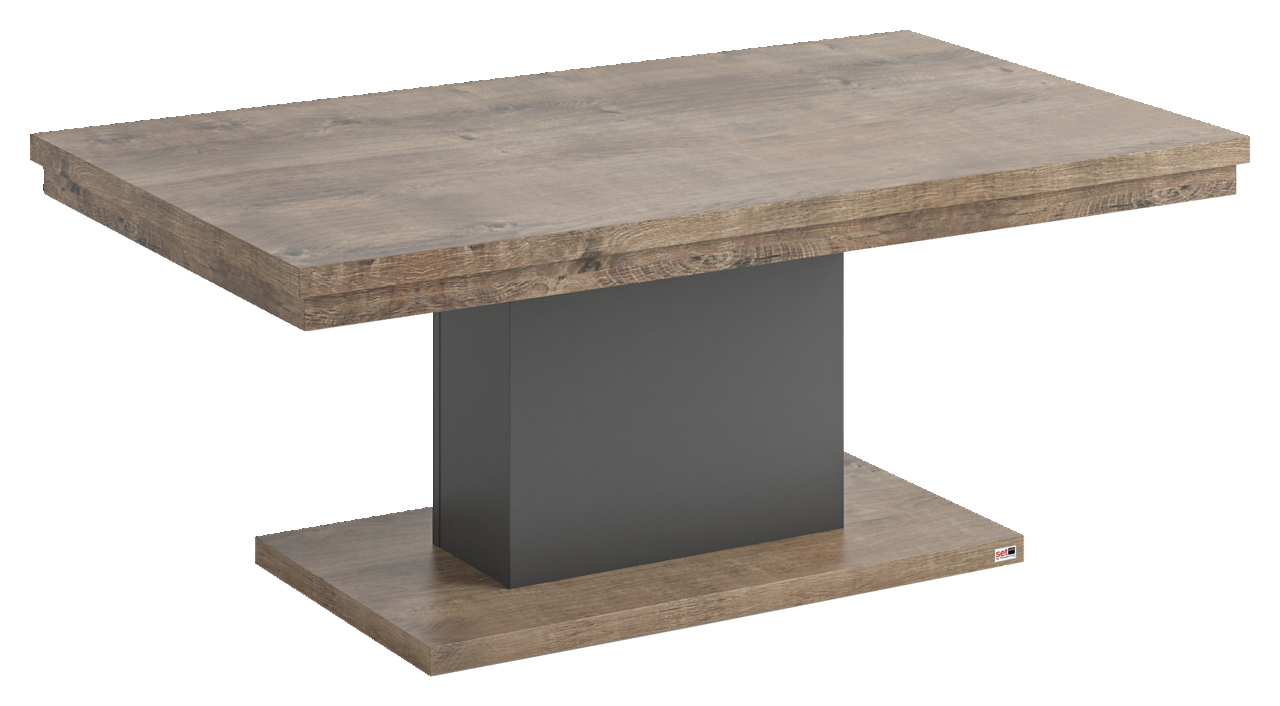 Set one by Musterring Couchtisch SET ONE LANCASTER Moderner Couchtisch aus Holz mit rechteckiger Tischplatte und zentralem schwarzen Sockel, seitliche Perspektive.