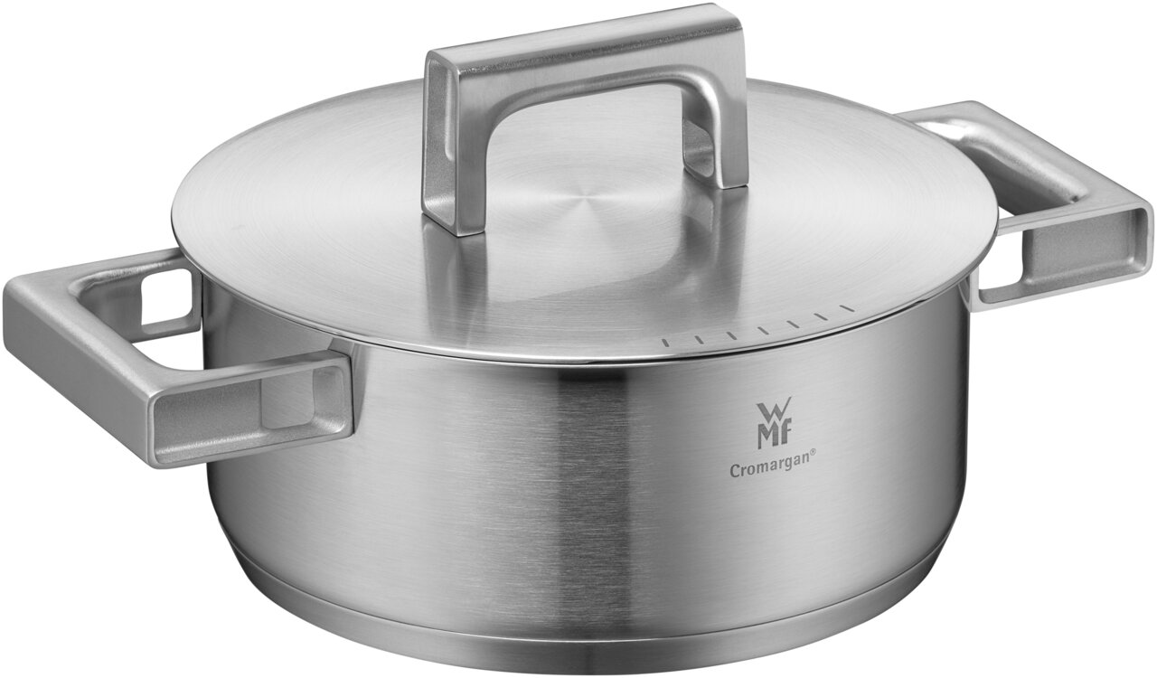 Topf aus Edelstahl mit Deckel und zwei Griffen, seitliche Perspektive