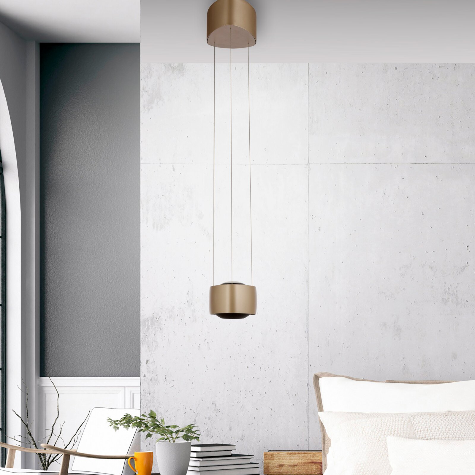 Paul Neuhaus LED-Hängeleuchte Q-STRETTO Moderne zylindrische Pendelleuchte in Messingoptik mit langem Kabel, hängend vor heller Betonwand im Wohnraum, frontal aus leicht erhöhter Perspektive