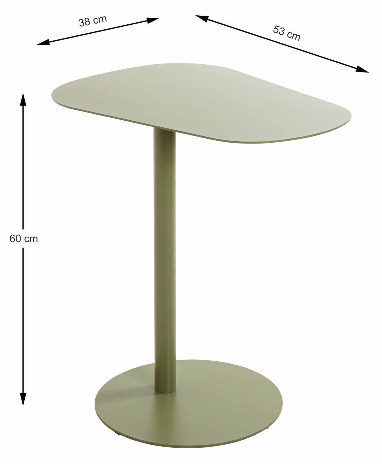 Moderner Beistelltisch in Olivgrün mit runder Basis und asymmetrischer Tischplatte, seitliche Perspektive