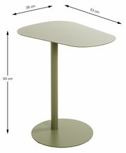 Moderner Beistelltisch in Olivgrün mit runder Basis und asymmetrischer Tischplatte, seitliche Perspektive